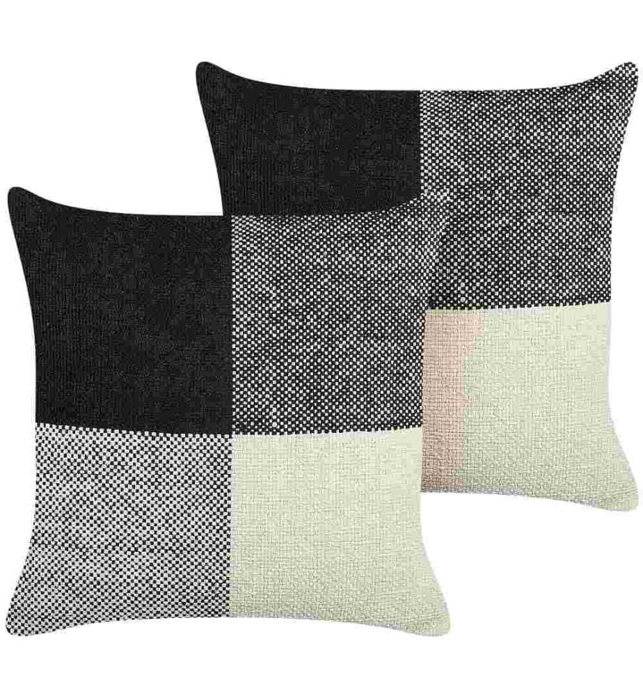 Dekokissen 2er Set Schwarz und Beige Baumwolle 45 x 45 cm Bezug mit Füllung Reissverschluss Patchwork Karo Muster Modern Wohnzimmer Schlafzimmer