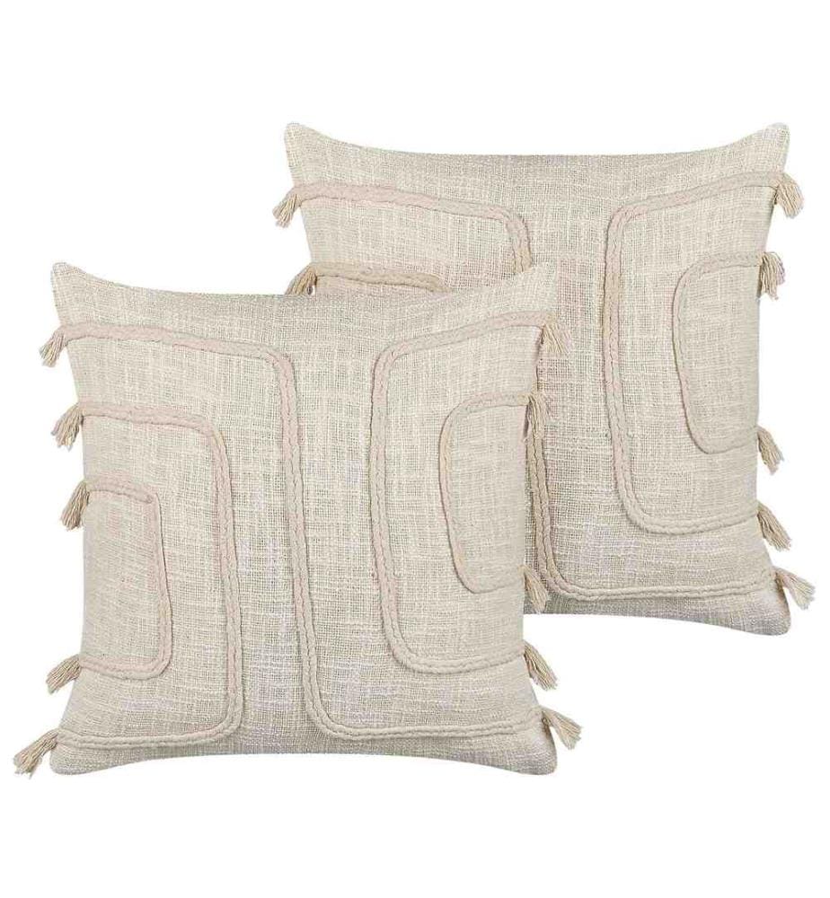 Coussins Décoratifs Beige en Coton 45 x 45 cm avec Cordelettes Fabriqué à la Main Accessoire Maison Intérieur Très Doux Lot de 2