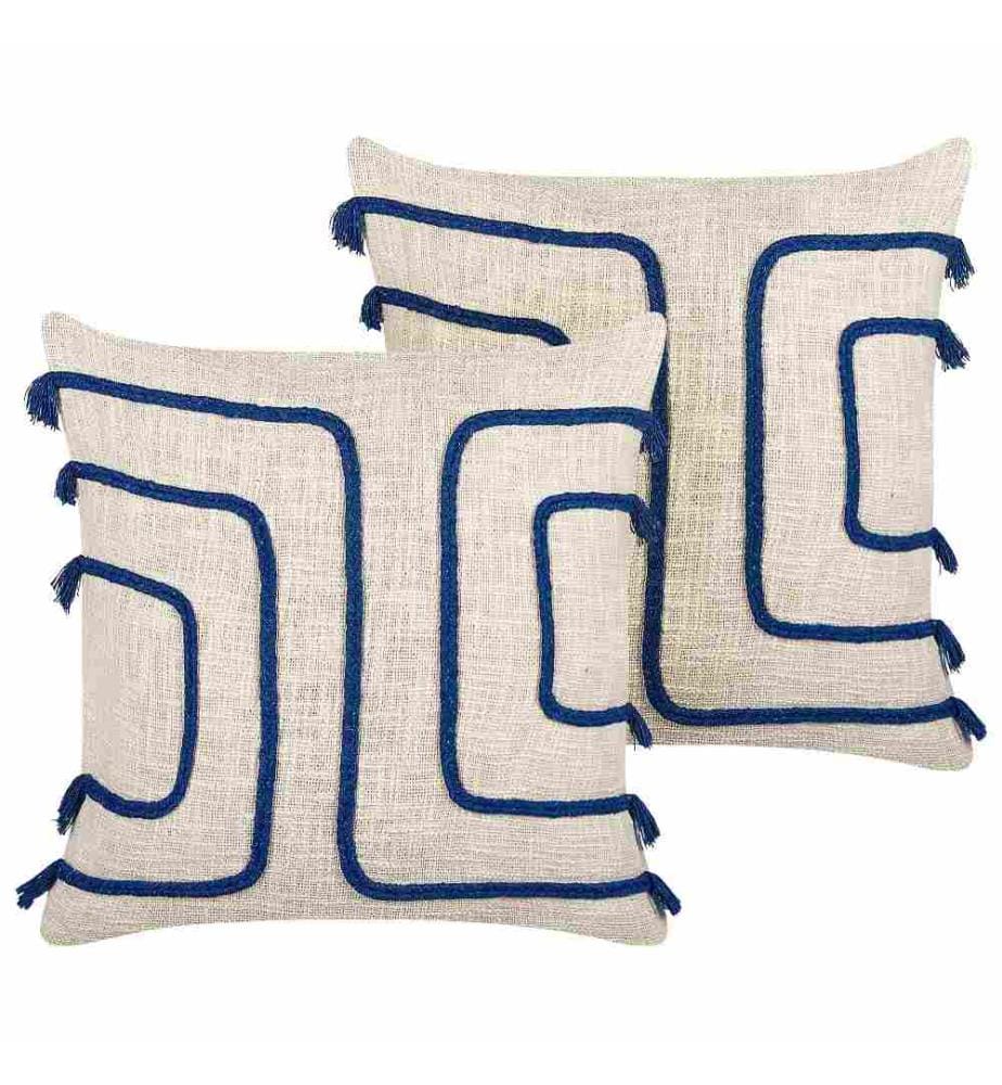 Dekokissen 2er Set Hellbeige und Blau Baumwolle 45 x 45 cm Bezug mit Füllung Reissverschluss Strukturiert Geometrisches Muster Boho Wohnzimmer