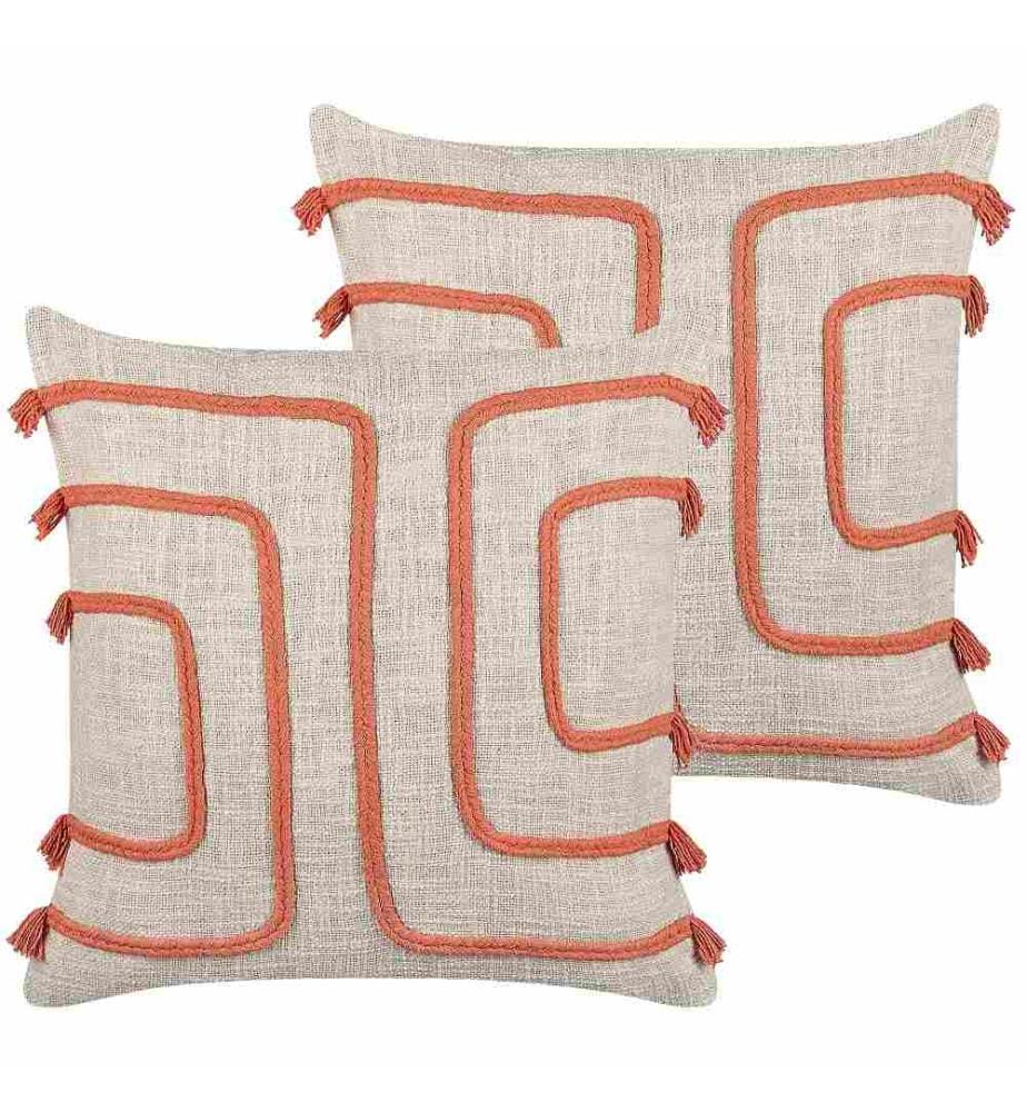 Dekokissen 2er Set Hellbeige und Orange Baumwolle 45 x 45 cm Bezug mit Füllung Reissverschluss Strukturiert Geometrisches Muster Boho Wohnzimmer