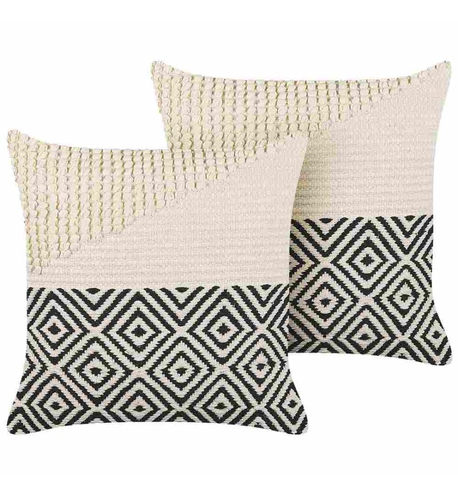Dekokissen 2er Set Beige und Schwarz Baumwolle 45 x 45 cm Bezug mit Füllung Reissverschluss Strukturiert Geometrisches Muster Boho Wohnzimmer
