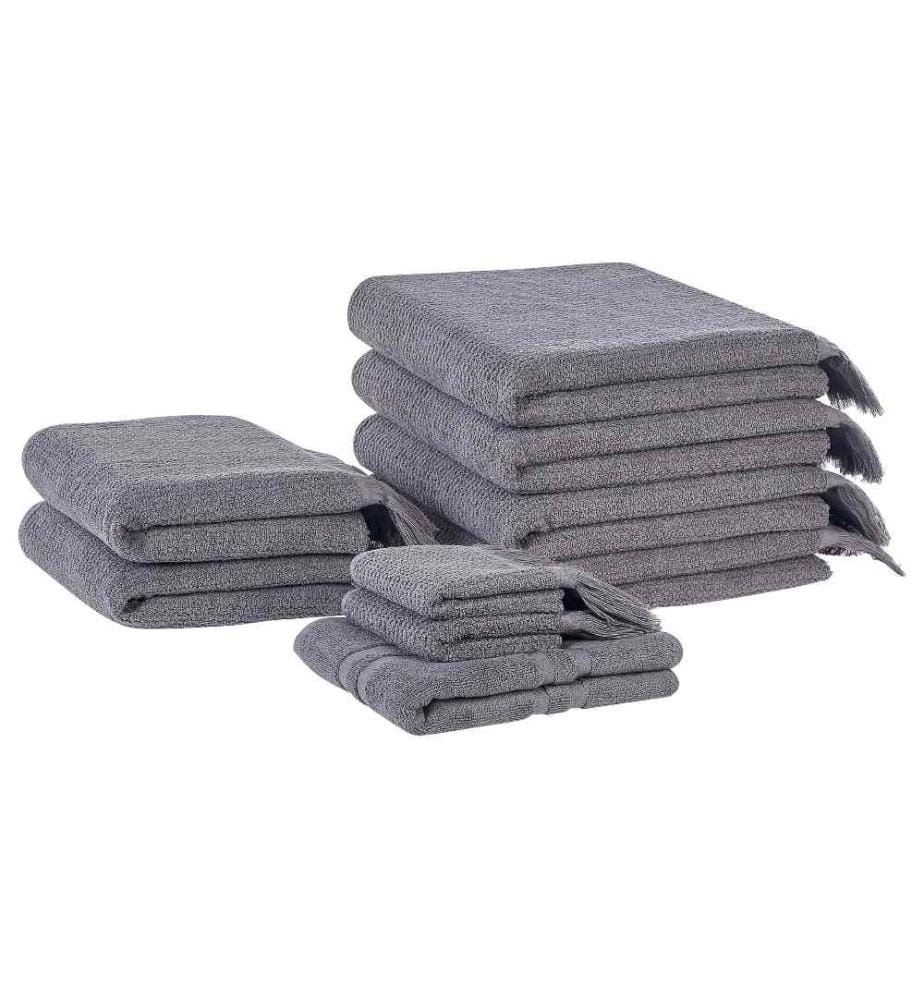 Handtuch-Set mit Badematte Grau Baumwolle und Polyester 9-teilig mit Fransen Modern Saugfähig Schnelltrocknend Ringgesponnen für Badezimmer