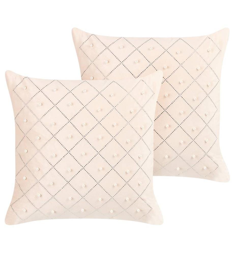 Coussins Décoratifs Beige en Velours 45 x 45 cm à Motif Géométrique et Perles Moelleux pour Intérieur Housse Amovible Lot de 2