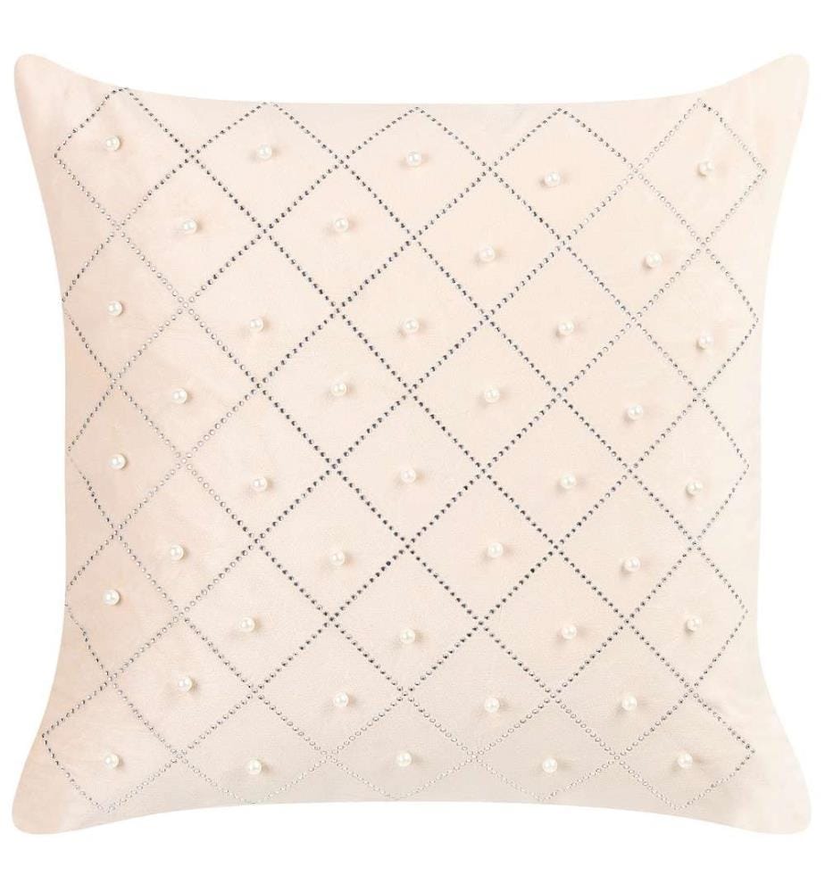 Coussins Décoratifs Beige en Velours 45 x 45 cm à Motif Géométrique et Perles Moelleux pour Intérieur Housse Amovible Lot de 2