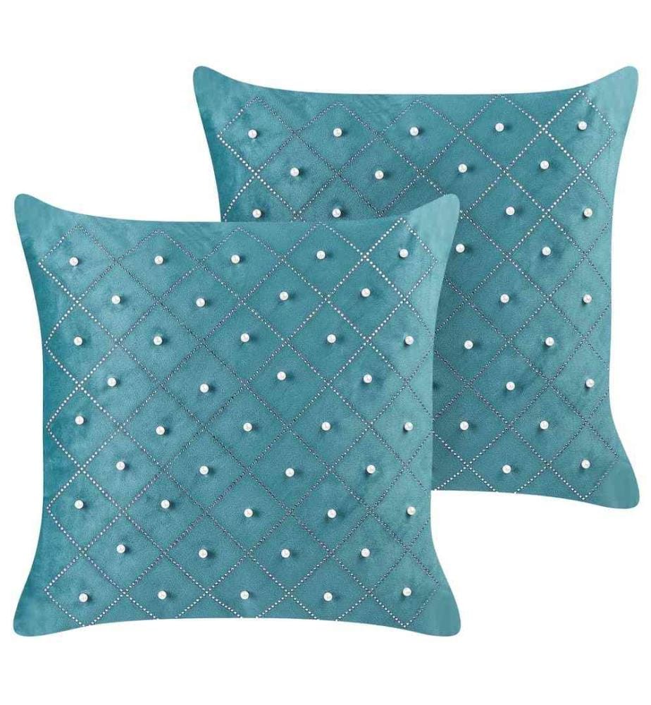 Coussins Décoratifs Bleu-Vert en Velours 45 x 45 cm à Motif Géométrique et Perles Moelleux pour Intérieur Housse Amovible Lot de 2