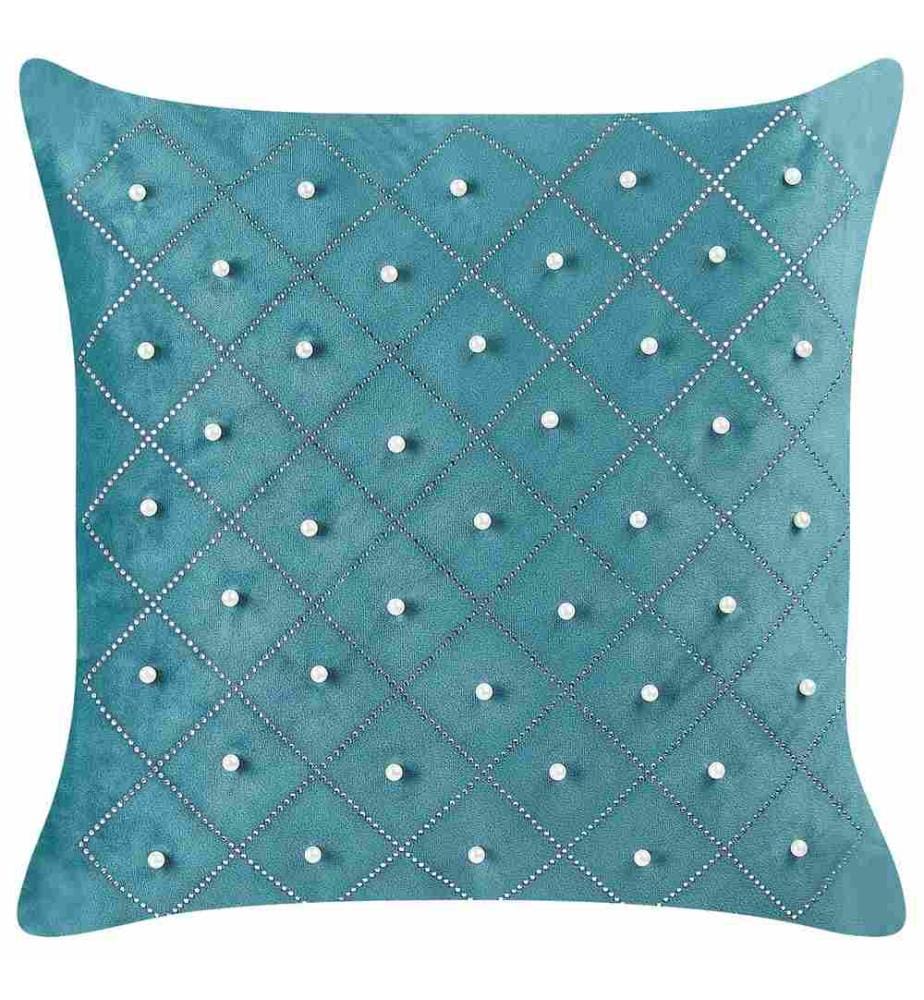Coussins Décoratifs Bleu-Vert en Velours 45 x 45 cm à Motif Géométrique et Perles Moelleux pour Intérieur Housse Amovible Lot de 2
