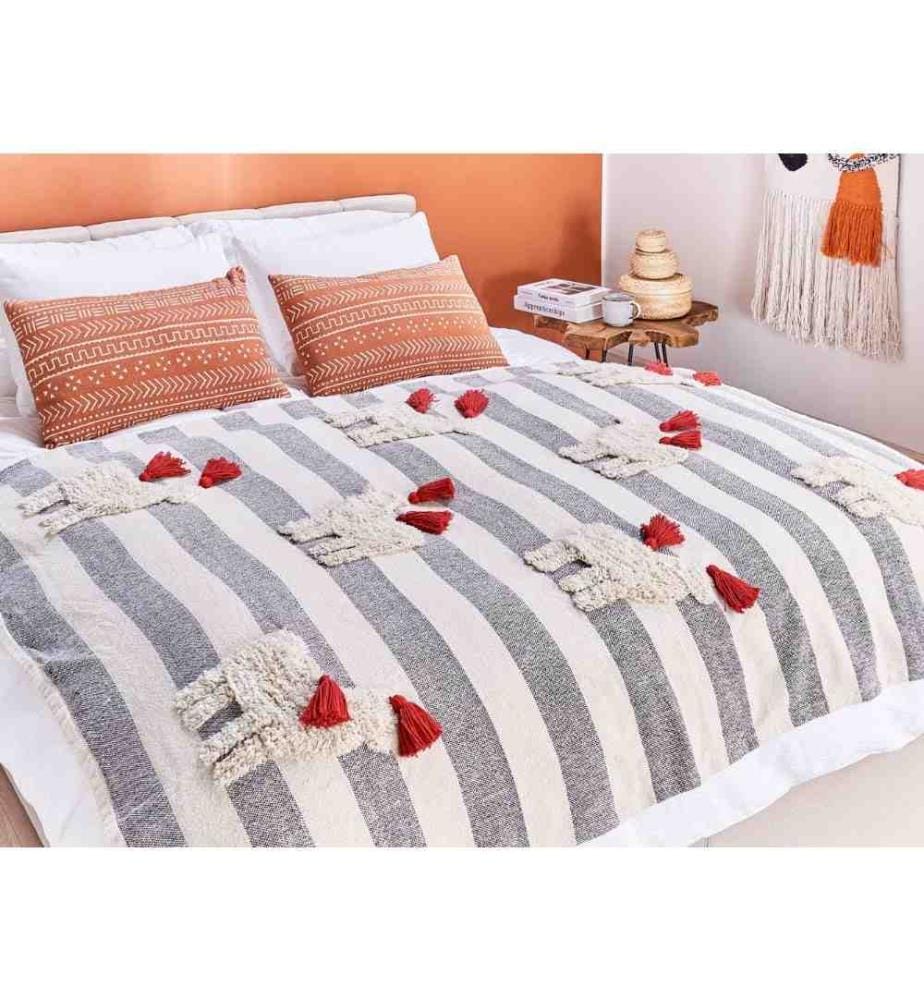 Plaid Blanc et Gris en Coton 125 x 150 cm Couvre-Lit à Rayures et Chevaux Brodés Couvre-Lit pour Enfant Chambre
