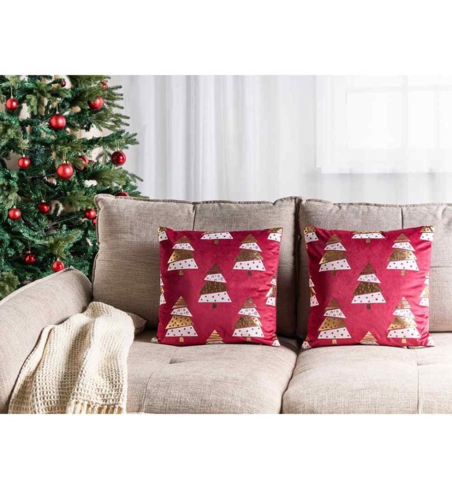 Set de 2 coussins de décoration en velours rouge 45 x 45 cm avec motif de sapin blanc doré Noël Coussins de Noël