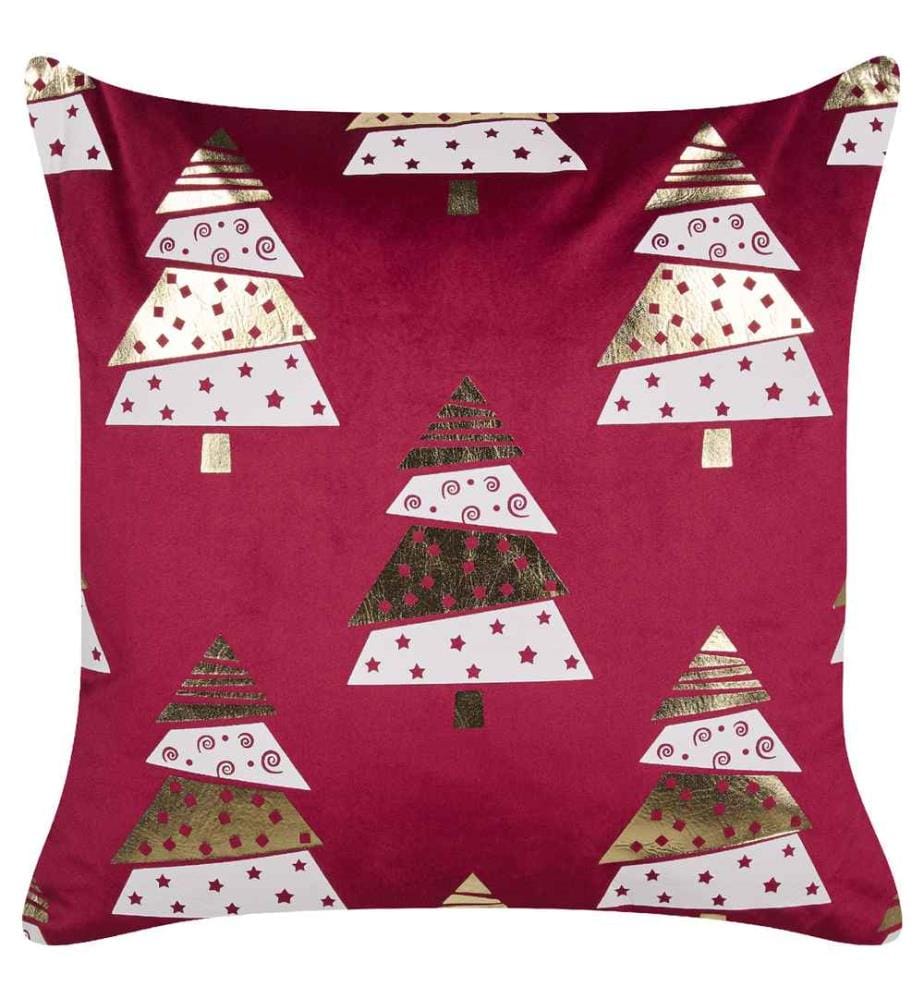Set de 2 coussins de décoration en velours rouge 45 x 45 cm avec motif de sapin blanc doré Noël Coussins de Noël