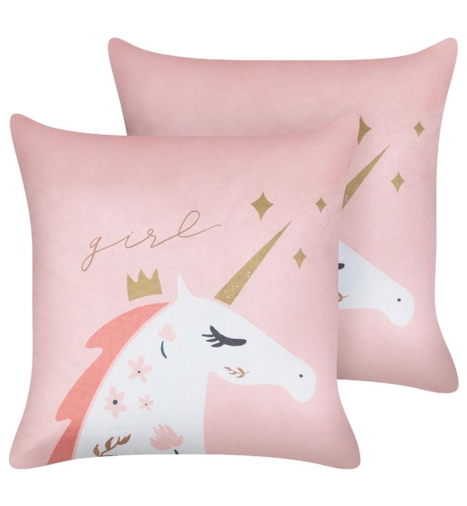 Dekokissen 2er Set in Rosa aus Samtstoff 45 x 45 cm mit Einhorn Motiv Tiermotiv Kinderkissen Kissen für Kinderzimmer