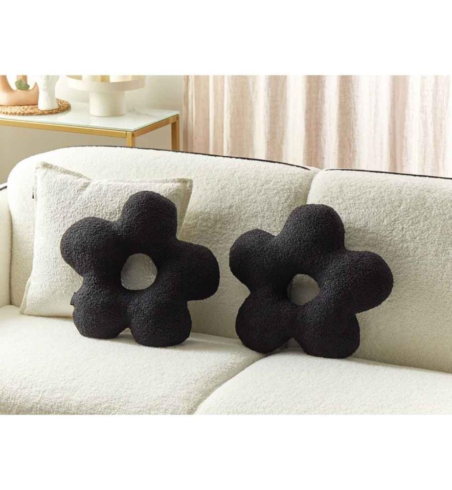 Dekokissen 2er Set Schwarz Webpelz mit Füllung 40x40 cm Teddy-Optik Blumenform Modern Wohnzimmer Schlafzimmer Ausstattung Sofakissen Zierkissen