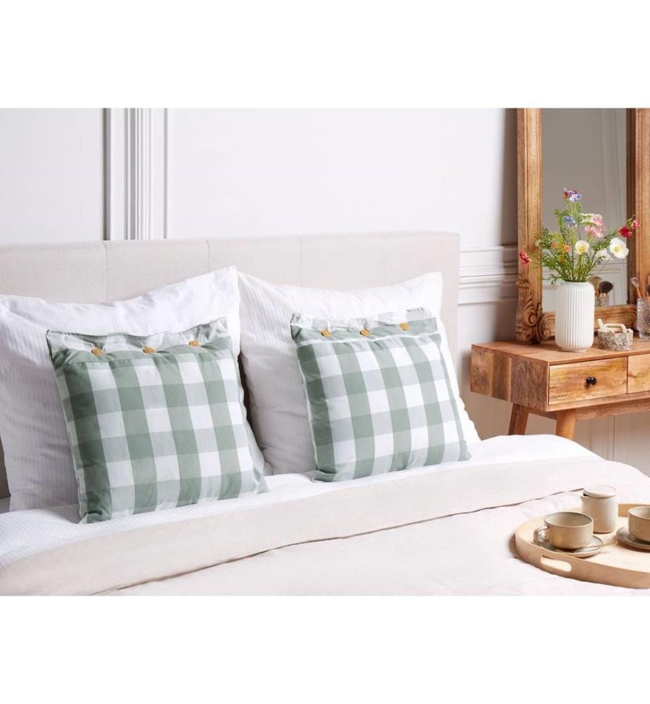 Dekokissen 2er Set Mintgrün / Weiss Karomuster 45 x 45 cm Quadratisch mit Knöpfen für Wohnzimmer Schlafzimmer Sofa Sessel Bett
