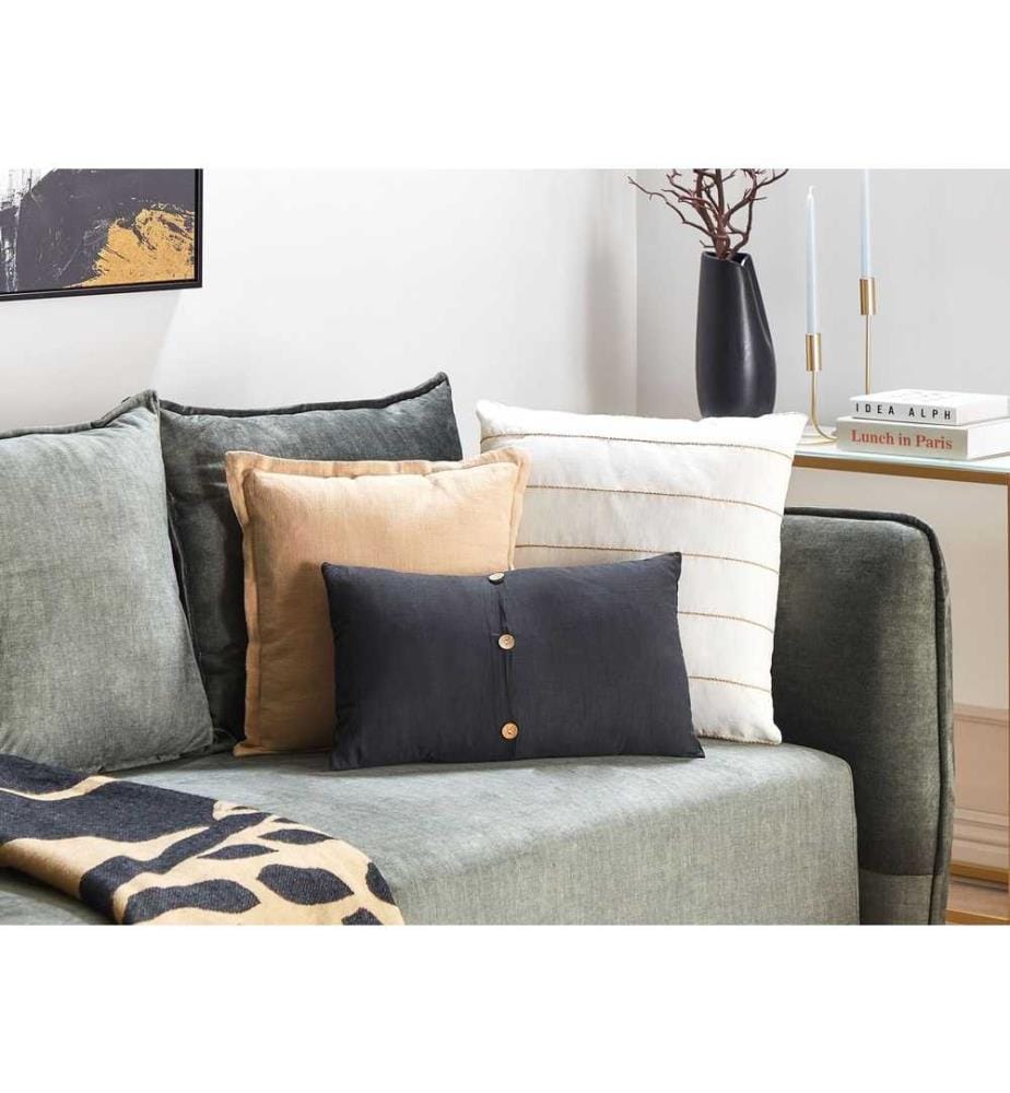 Lot de 2 coussins décoratifs noirs avec boutons en bois 30 x 50 cm Rectangulaire Housse amovible pour salon chambre canapé fauteuil lit