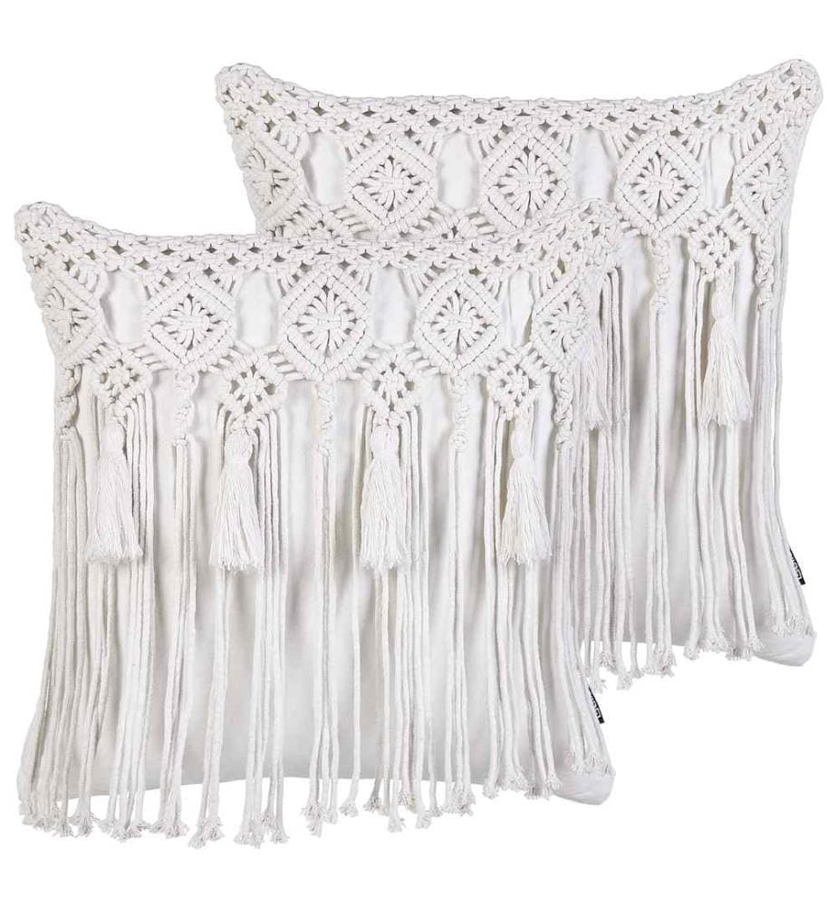 Set de 2 coussins décoratifs blancs en coton 45 x 45 cm design macramé avec franges style boho moderne pour salon chambre canapé fauteuil lit