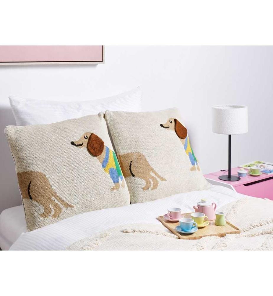 Dekokissen 2er Set Beige Baumwolle Quadratisch 45x45 cm mit Tiermotiv Dackel für Kinder Niedlich Modern Wohnzimmer Deko Kinderzimmer Sofakissen