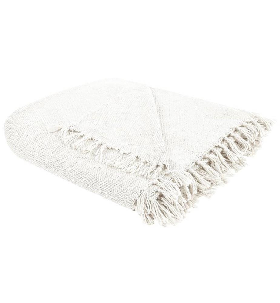 Couverture Blanc Cassé 200 x 220 cm Plaid Tissé à la Main Salon Chambre avec Franges Style Moderne