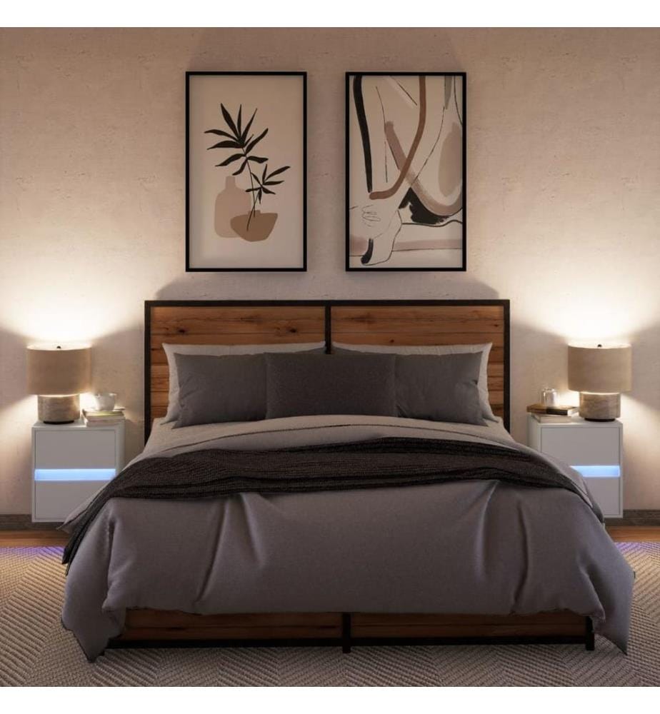 Tables de chevet murales avec lumières LED 2 pcs blanc