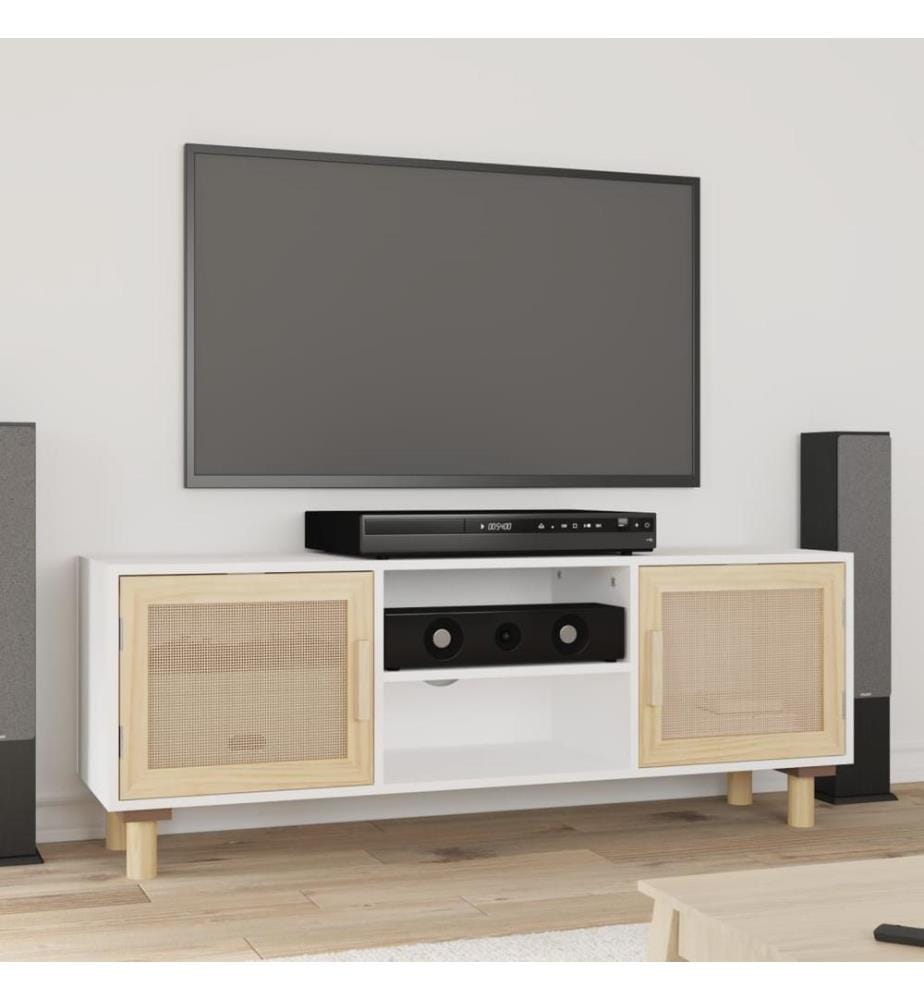 TV-Schrank Weiss 105x30x40 cm Massivholz Kiefer Natur-Rattan