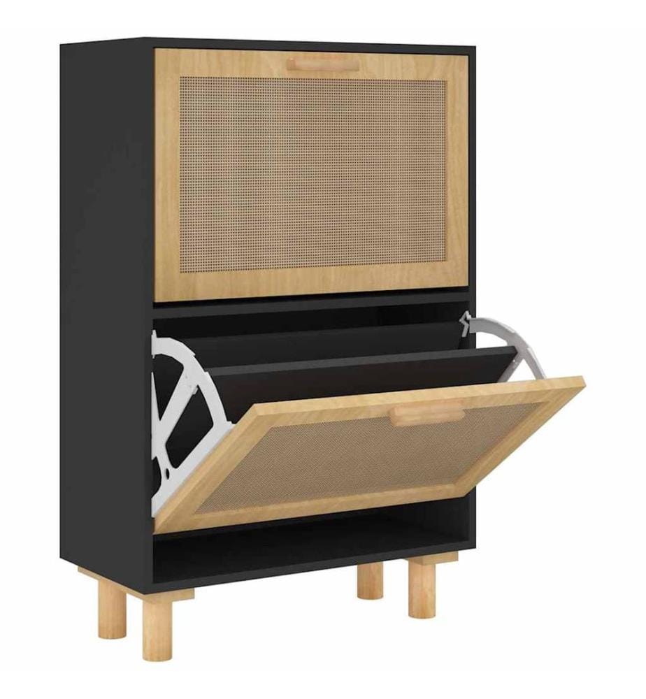 Schuhschrank Schwarz 52x25x80 cm Holzwerkstoff & Rattan Natur