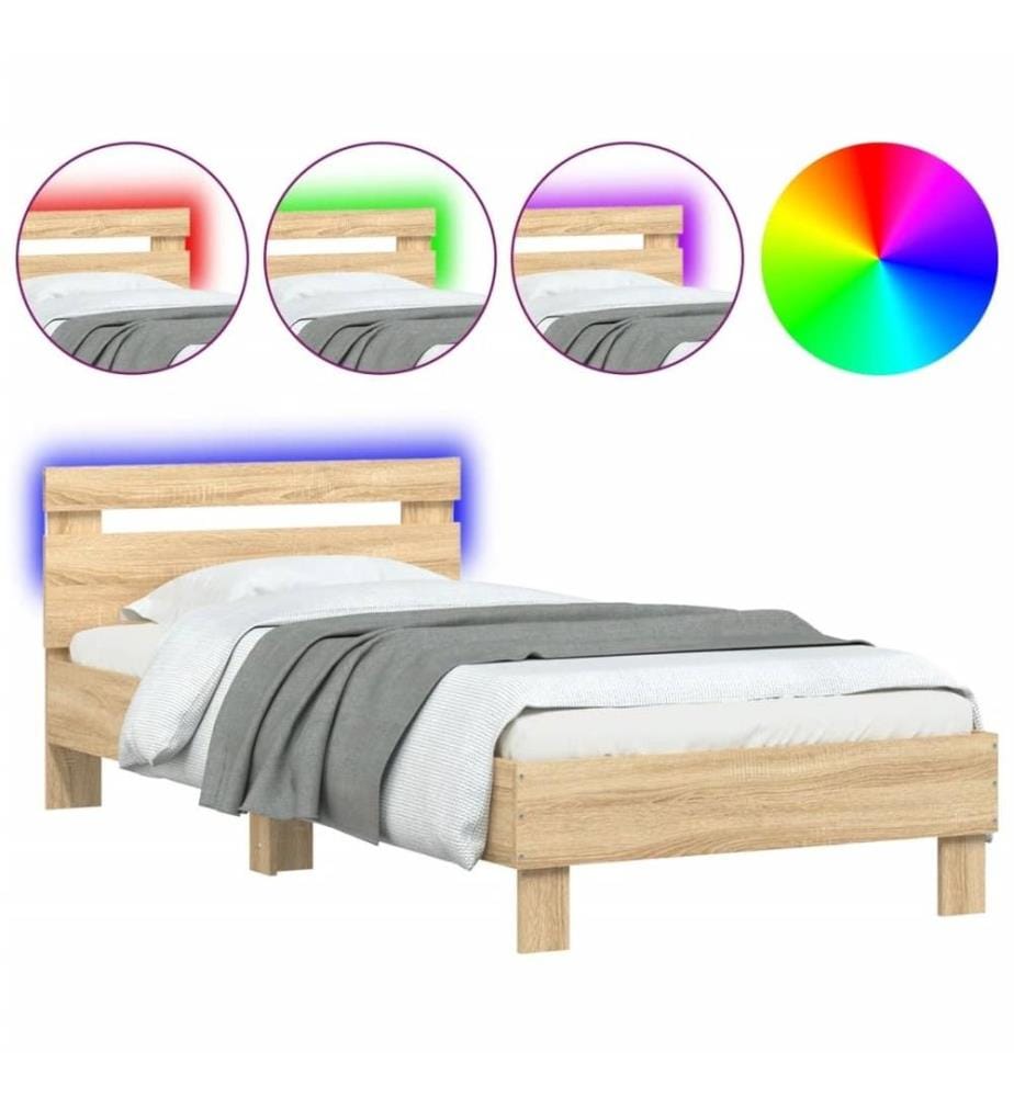 Bettgestell mit Kopfteil und LED-Leuchten Sonoma-Eiche 90x200cm