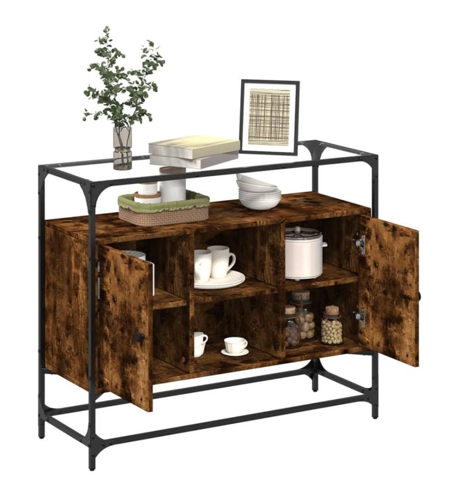 Buffet avec dessus en verre chêne fumé bois d'ingénierie