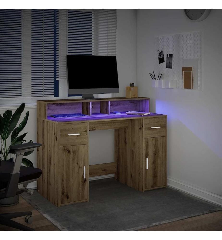 Bureau avec lumières LED chêne artisanal bois d'ingénierie