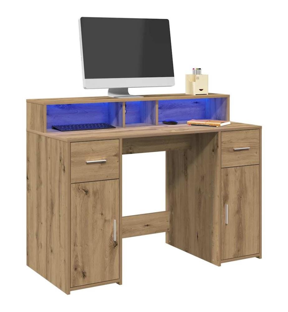Bureau avec lumières LED chêne artisanal bois d'ingénierie