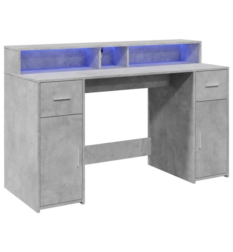 Bureau et lumières LED gris béton 140x55x91cm bois d'ingénierie