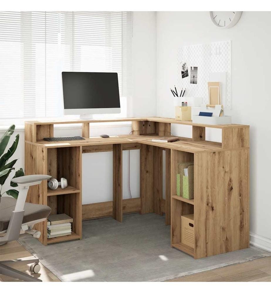Bureau avec lumières LED chêne artisanal bois d'ingénierie
