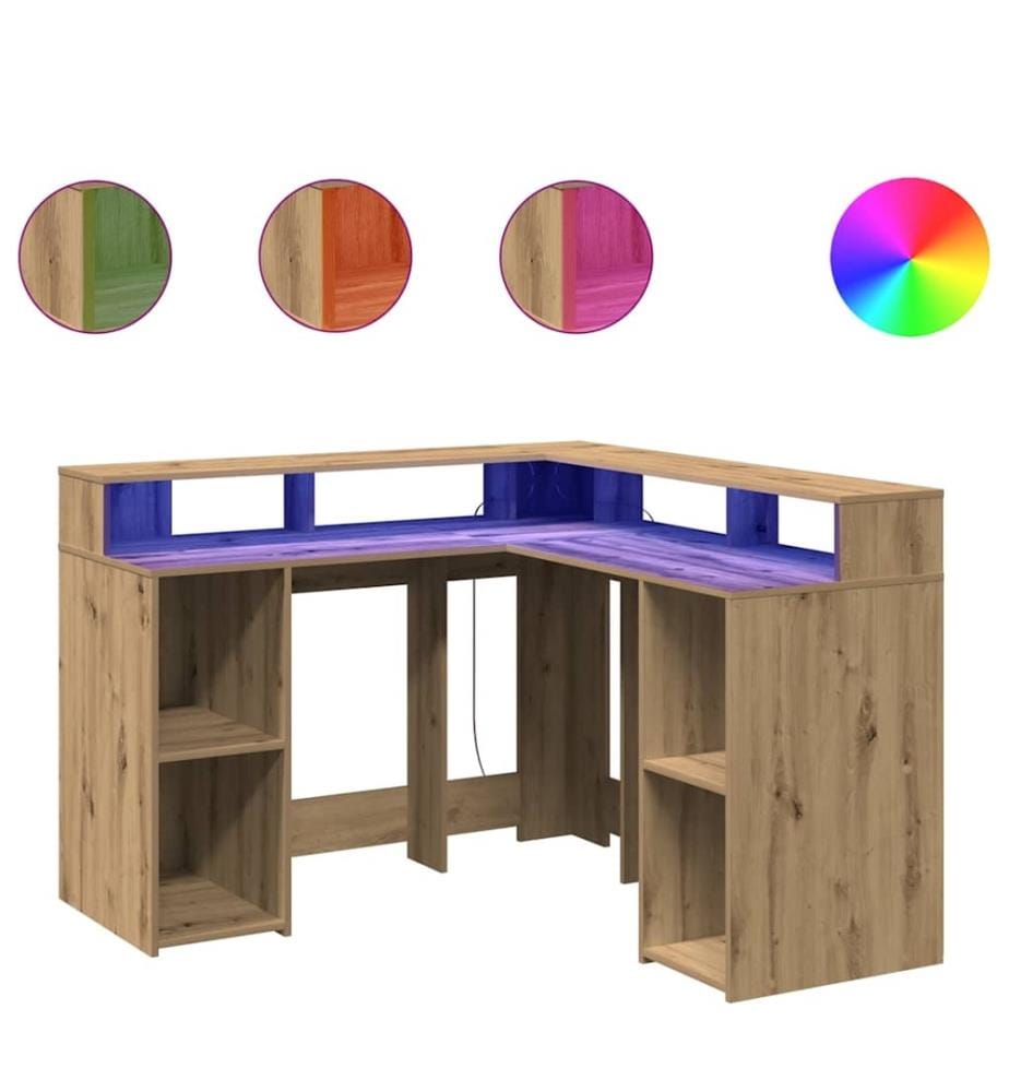 Bureau avec lumières LED chêne artisanal bois d'ingénierie