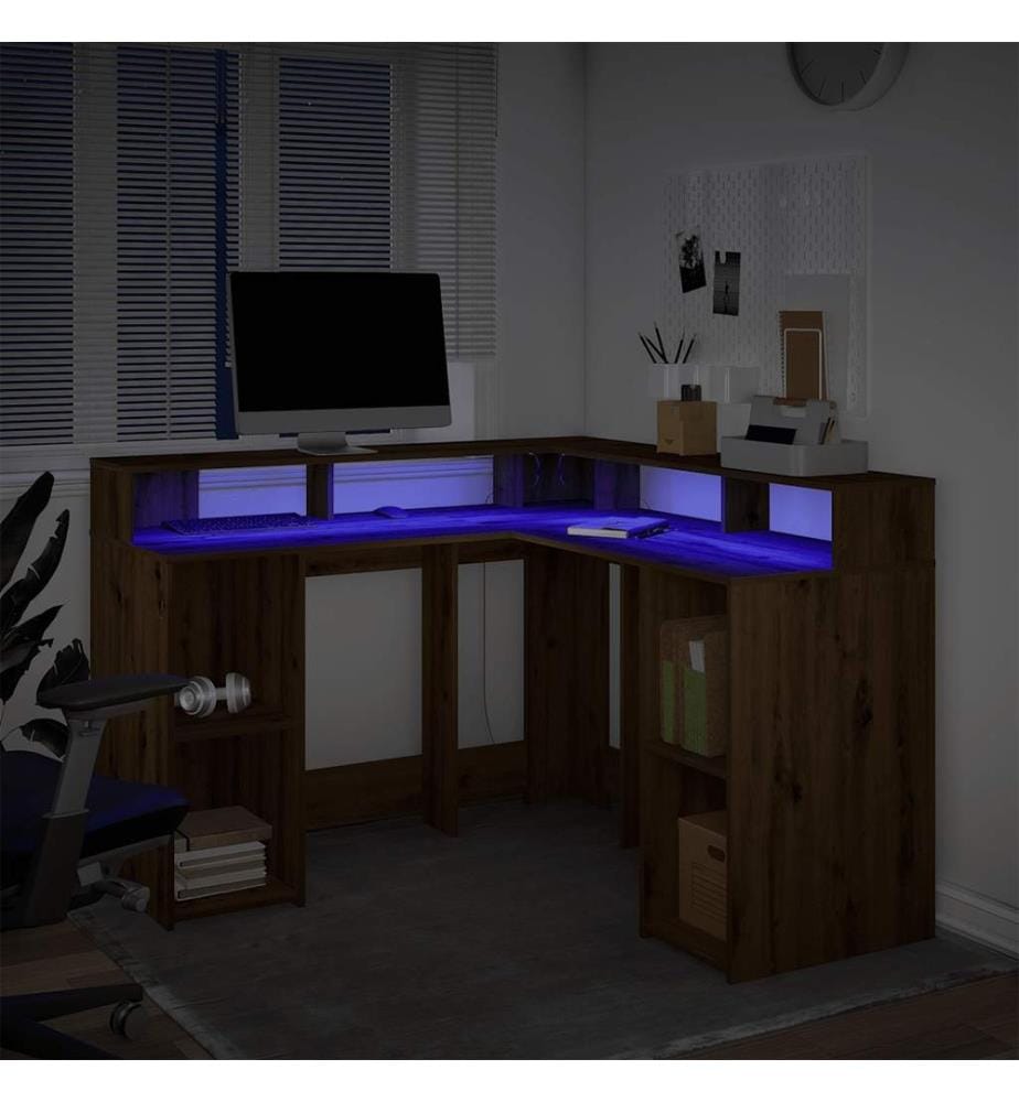Bureau avec lumières LED chêne artisanal bois d'ingénierie