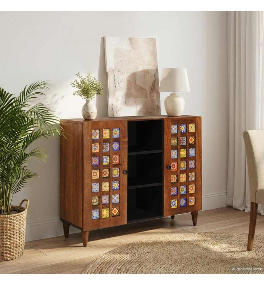 Sideboard mit Regal Walnuss 90 x 33,5 x 75 cm Massivholz Mango