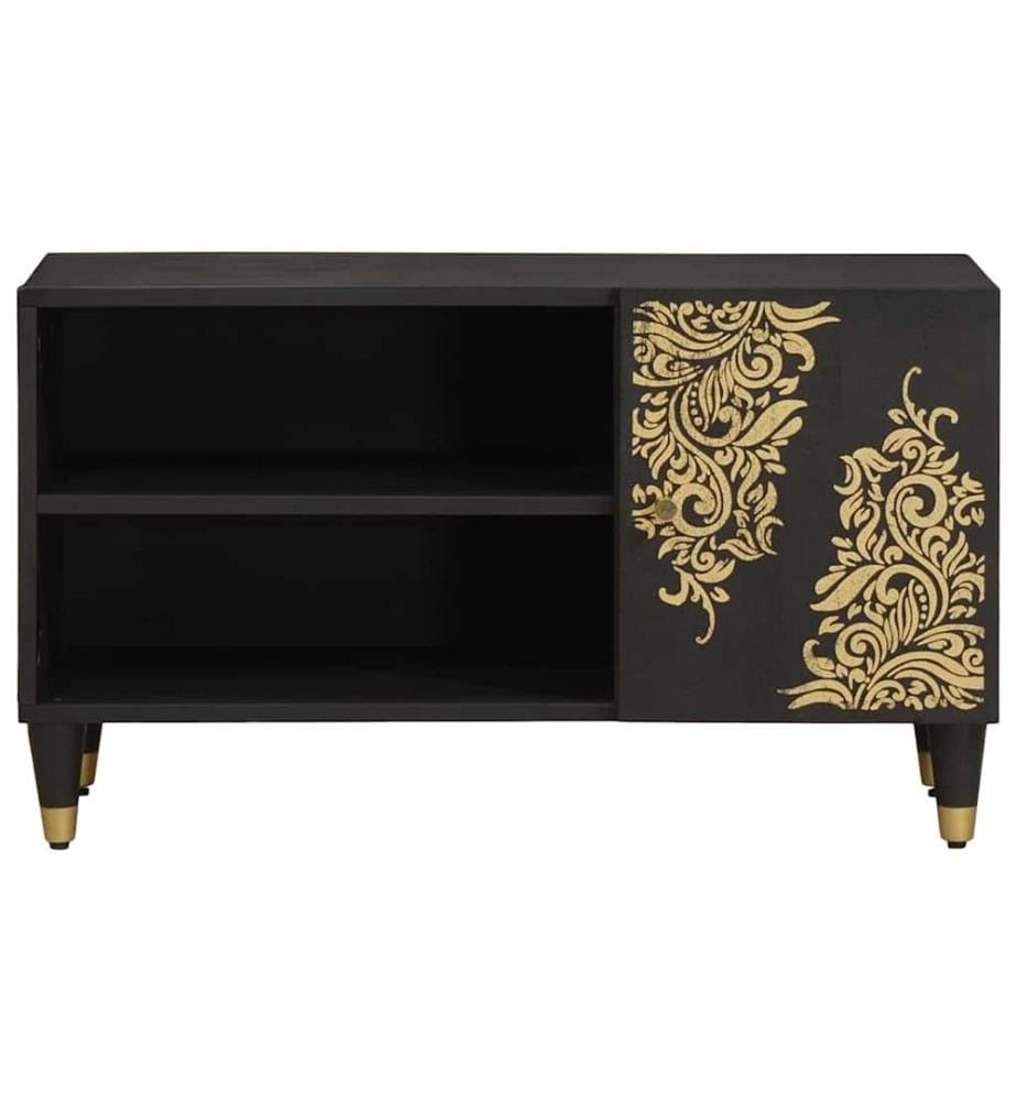 Meuble TV avec porte Noir 80 x 33 x 46 cm Bois de mangue massif