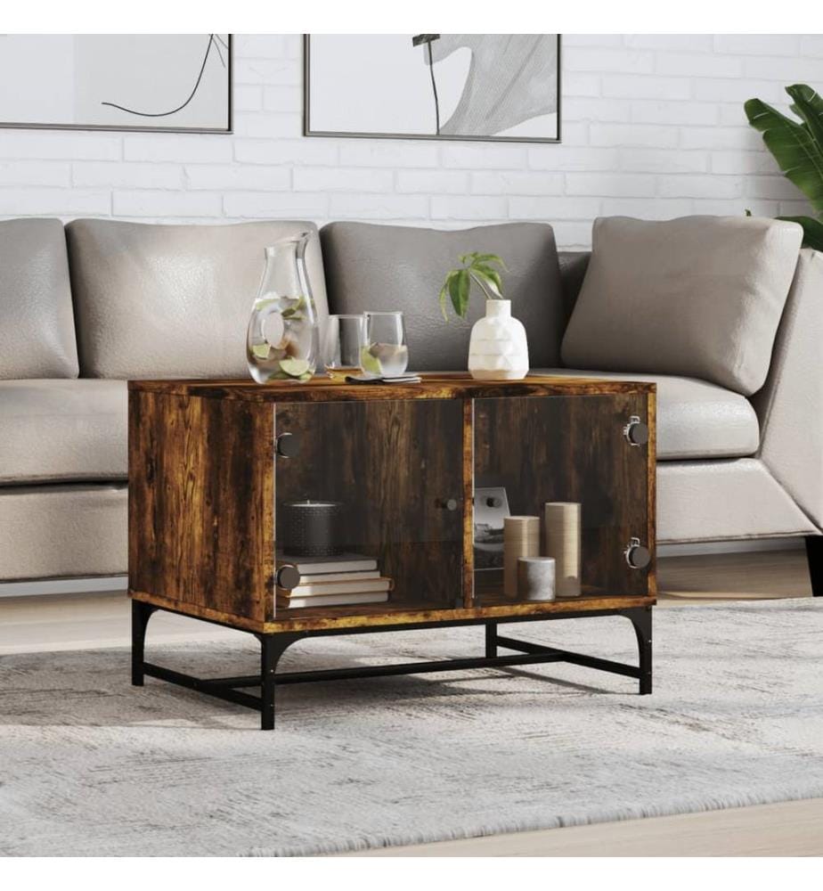 Table basse avec portes en verre chêne fumé 68,5x50x50 cm