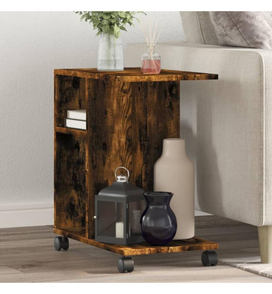 Table d'appoint avec roues chêne fumé bois d'ingénierie