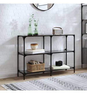 Table console avec dessus en verre noir 118,5x30x81 cm acier
