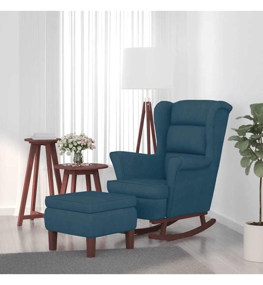 Fauteuil à bascule à oreilles en velours bleu bois massif