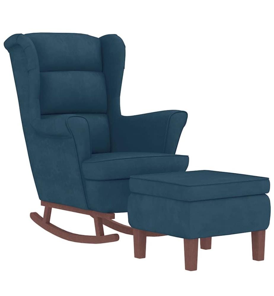 Fauteuil à bascule à oreilles en velours bleu bois massif