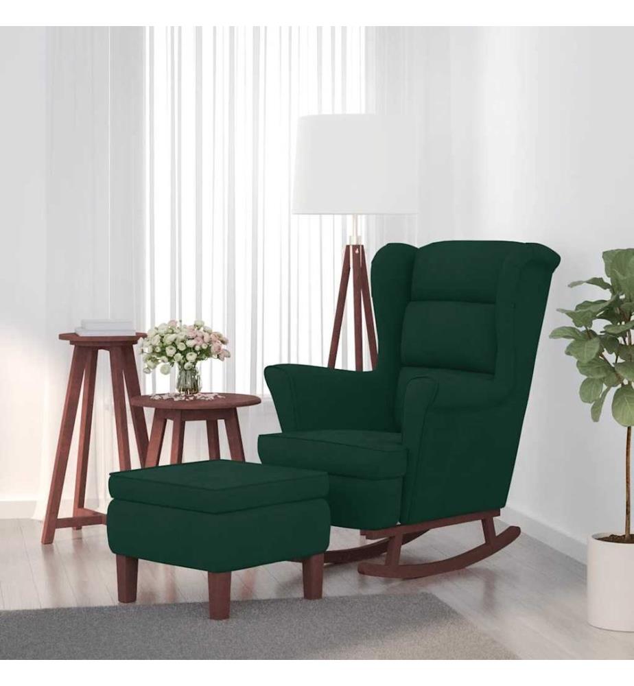 Fauteuil à bascule à oreilles en velours vert foncé bois massif
