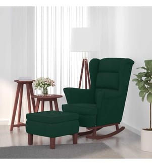 Fauteuil à bascule à oreilles en velours vert foncé bois massif