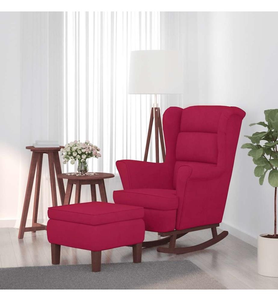 Fauteuil à bascule à oreilles en velours rouge vin bois massif