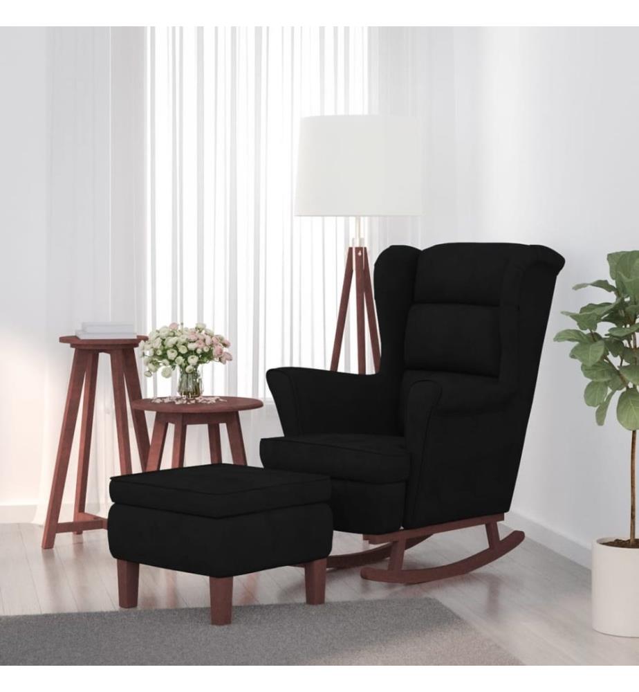 Fauteuil à bascule à oreilles en velours noir bois massif