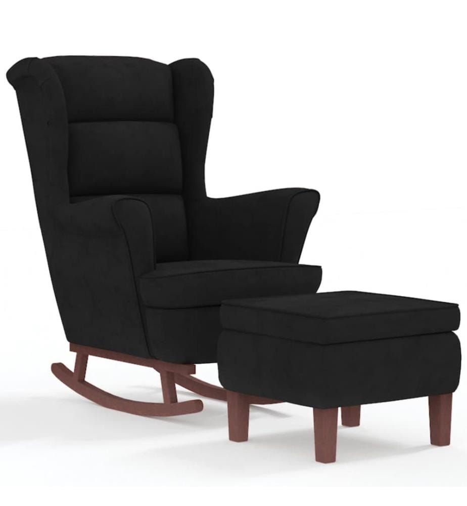 Fauteuil à bascule à oreilles en velours noir bois massif