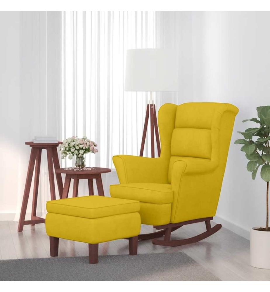 Fauteuil à bascule à oreilles en velours jaune bois massif