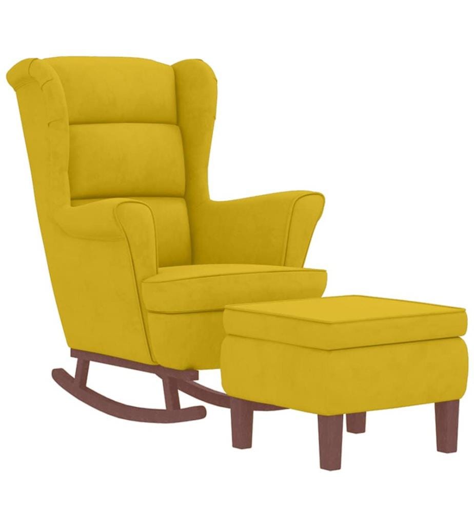 Fauteuil à bascule à oreilles en velours jaune bois massif