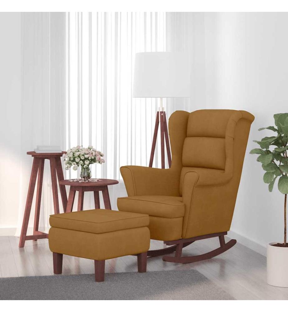 Fauteuil à bascule à oreilles en velours marron bois massif