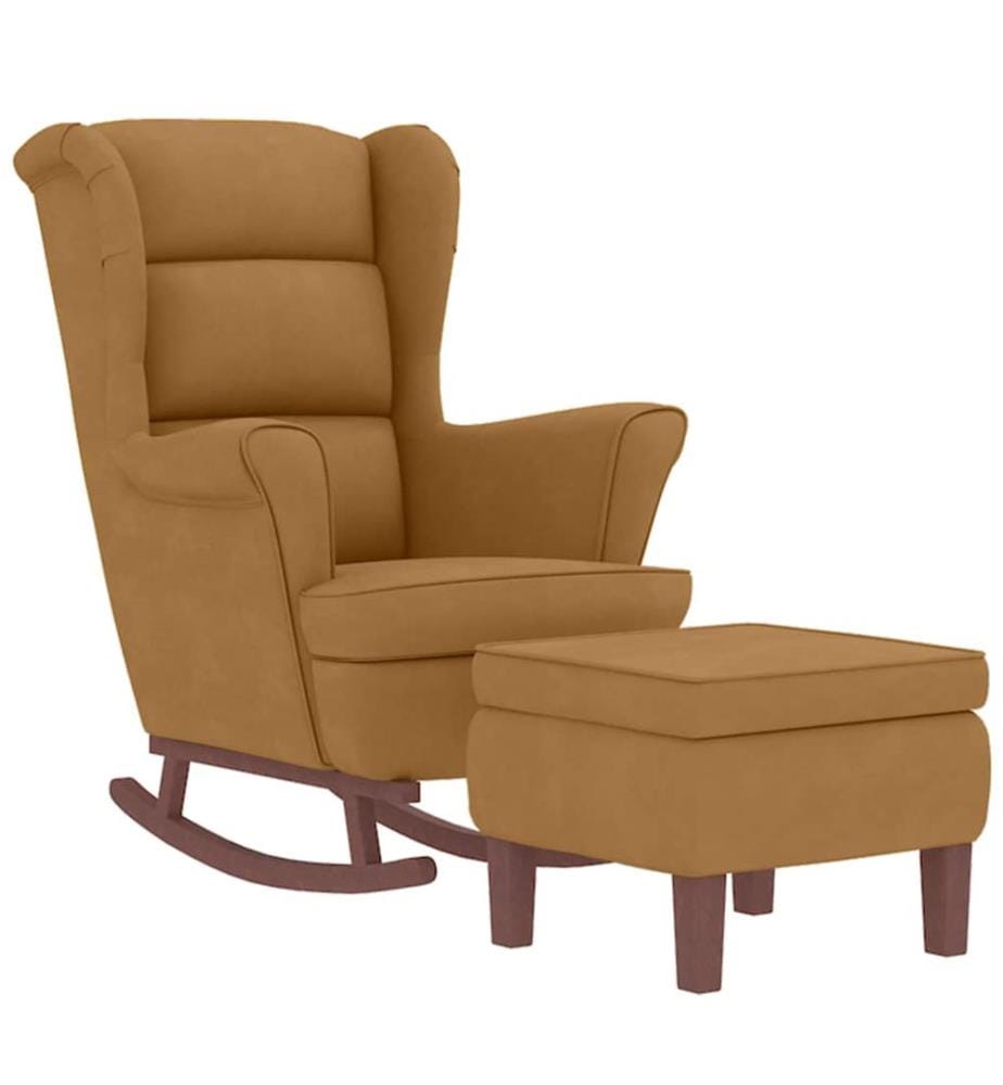Fauteuil à bascule à oreilles en velours marron bois massif