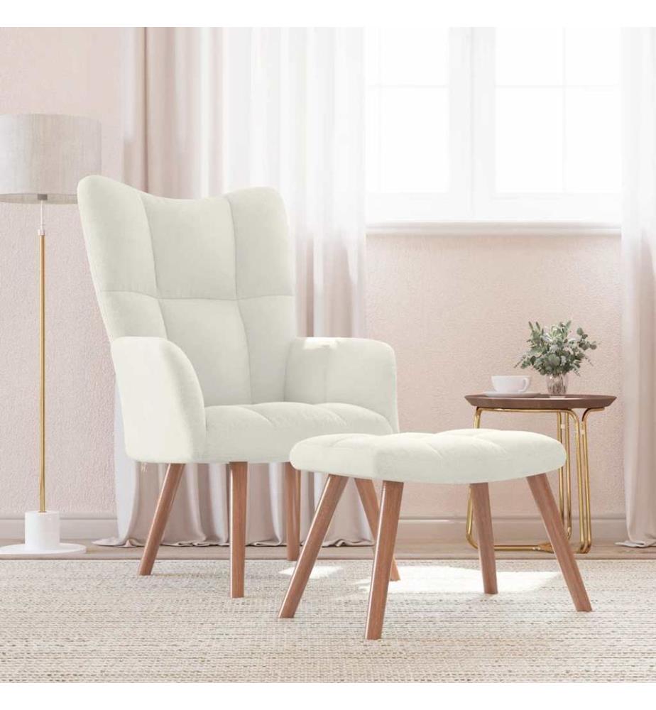Chaise de relaxation avec repose-pied Blanc crème Velours