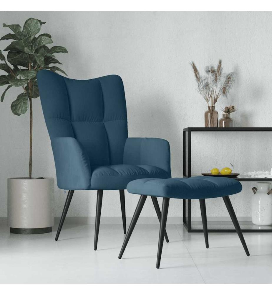 Chaise de relaxation avec tabouret Bleu Velours