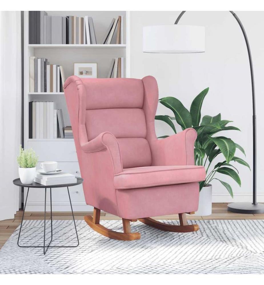 Fauteuil à bascule à oreilles en velours rose bois massif